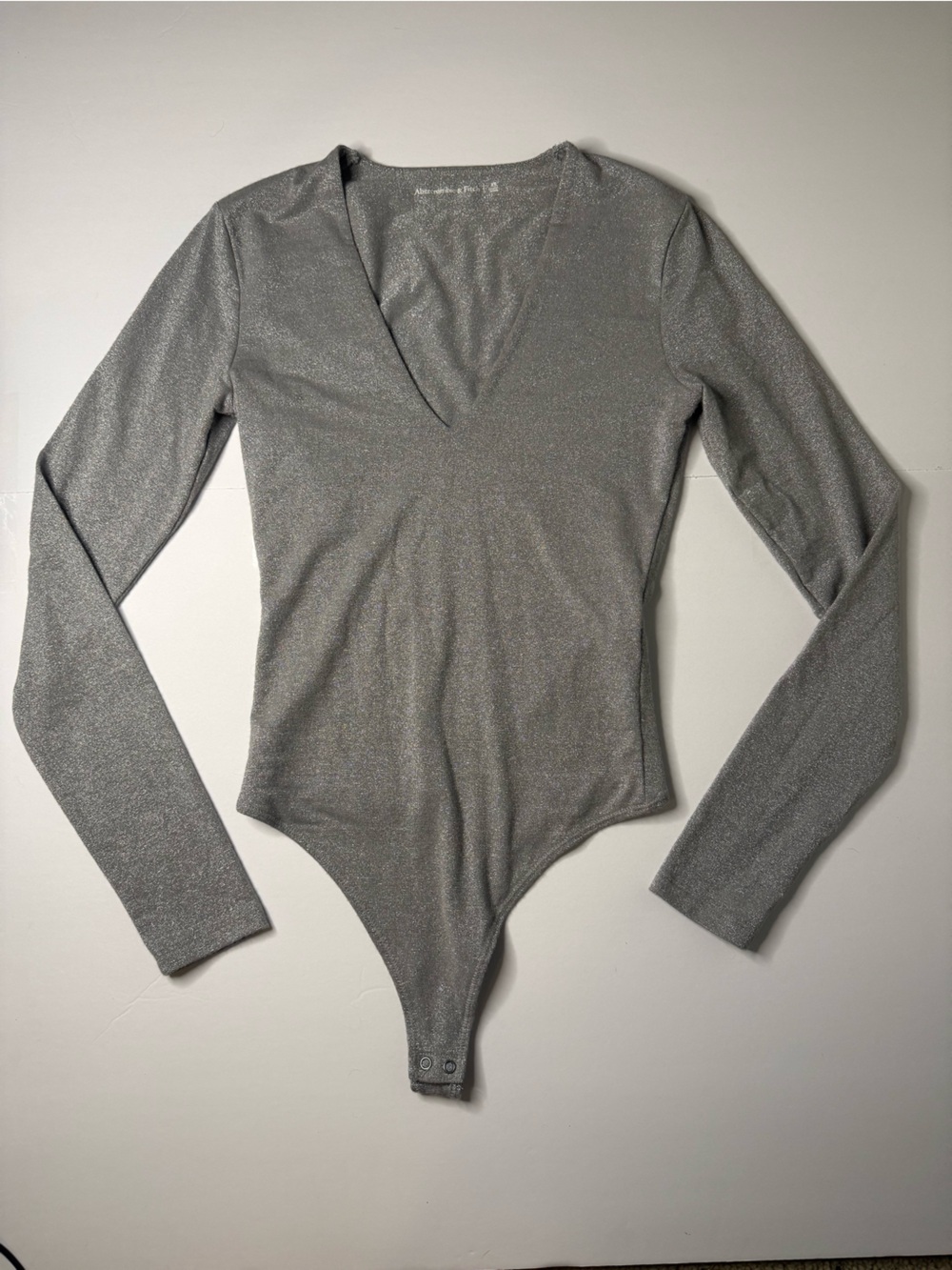 Abercrombie & Fitch Metallic Silver V-Neck Long-Sleeve Bodysuit